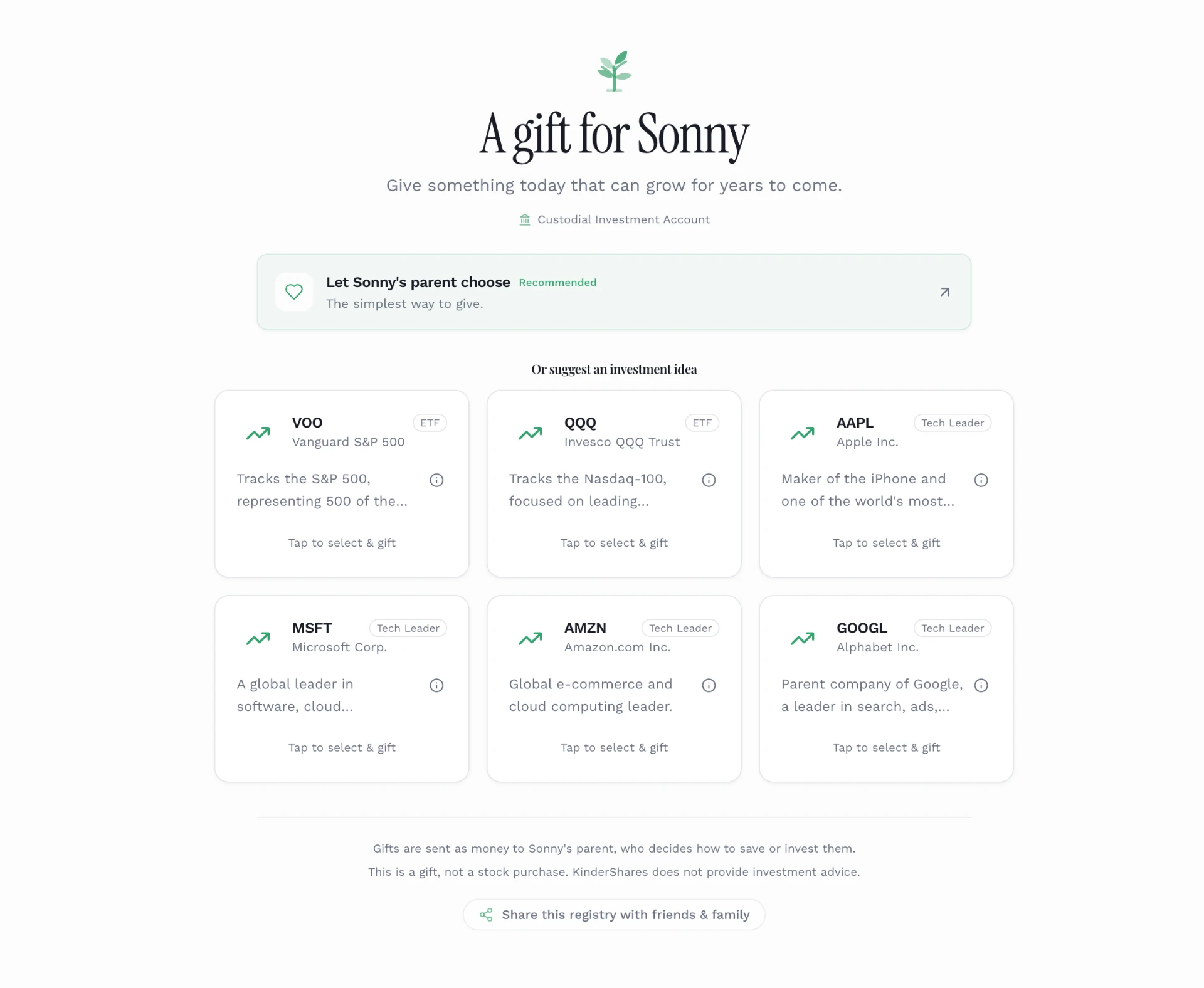 KinderShares gift registry screen with a recommended option to let the parent choose, plus a grid of investment ideas to suggest